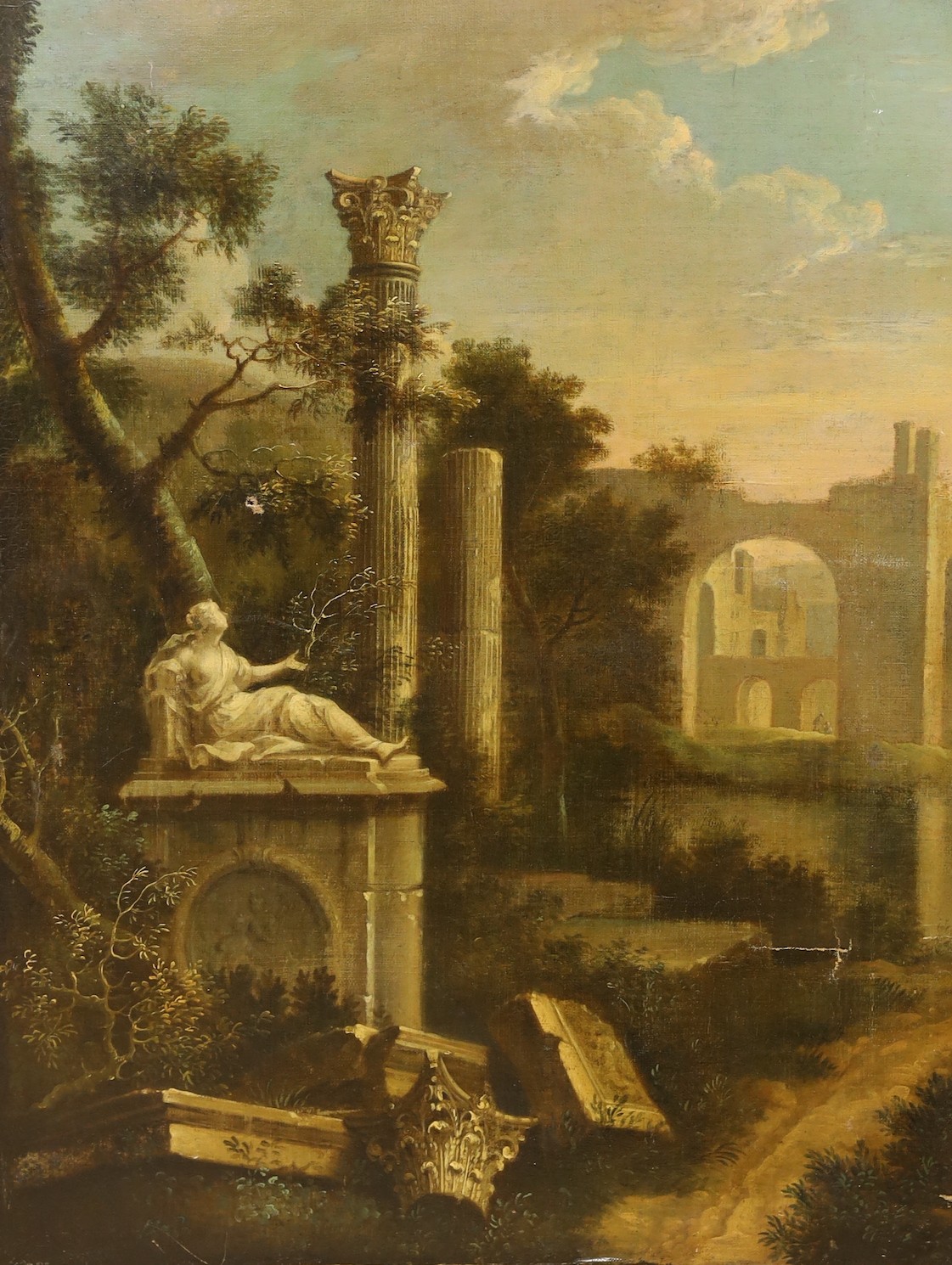 Early 19th century English School, oil on canvas, Classical ruins, 72 x 55cm, unframed